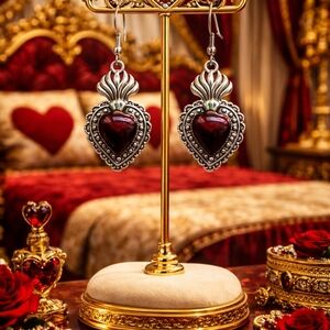 New Red Enamel Sacred Heart Silvertone Filigree Earrings - Maison la bohème